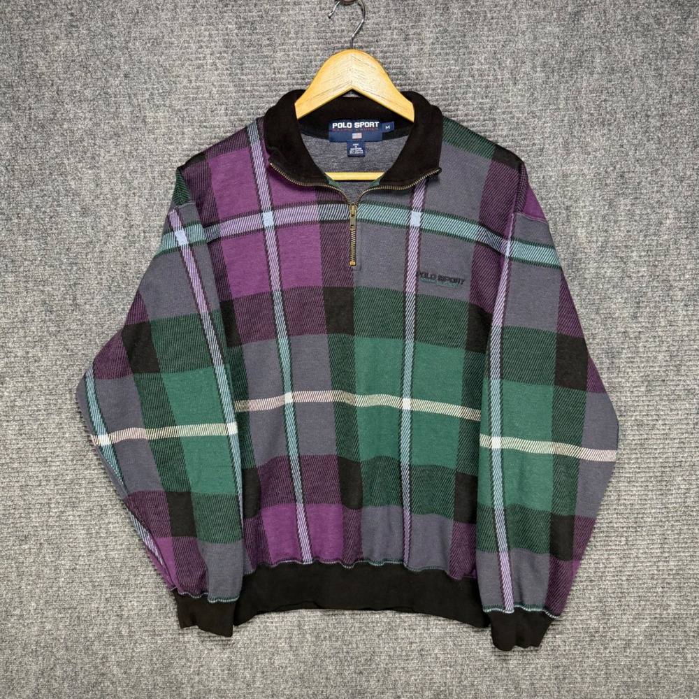 Vintage Polo Sport Ralph Lauren Plaid Quarter Zip Pullover Mens Medium Purple